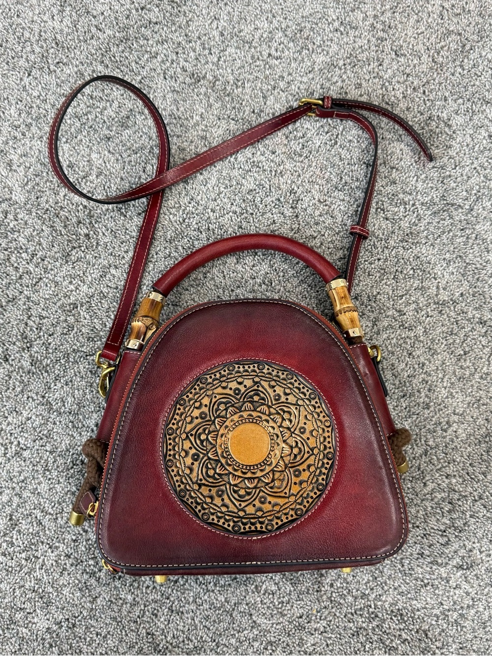 Red Genuine Leather Retro Top Handle Structured Crossbody Stachel Bag Zip Close - Picture 3 of 16